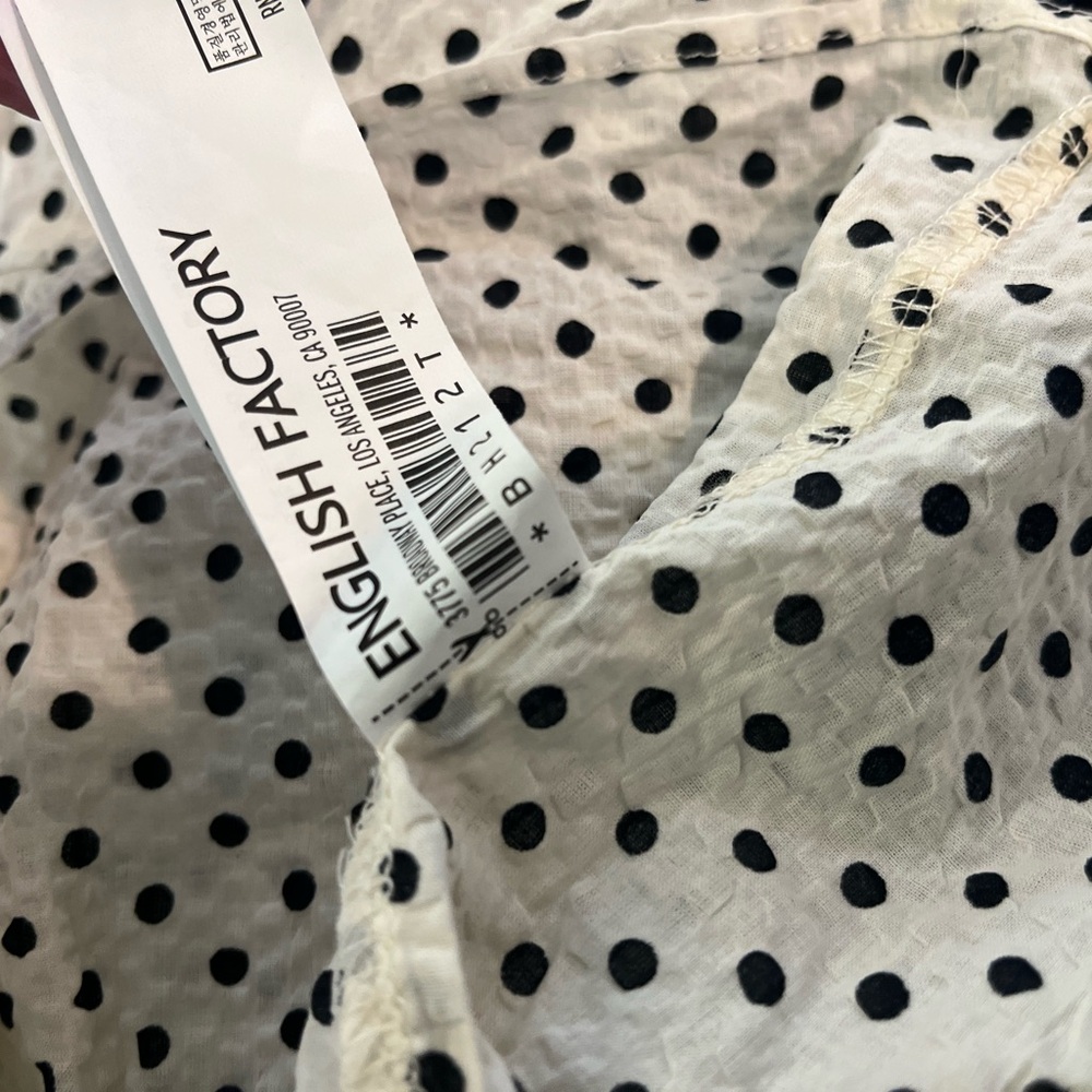 ENGLISH FACTORY WHITE BLACK POLKA DOT PUFF LONG RUCHED SLEEVE BLOUSE - Picture 8 of 9